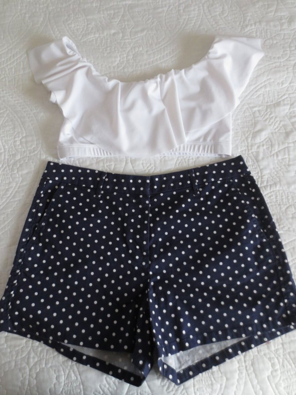 Retro Navy Blue & White Polka Dot Cotton Shorts - Picture 11 of 12